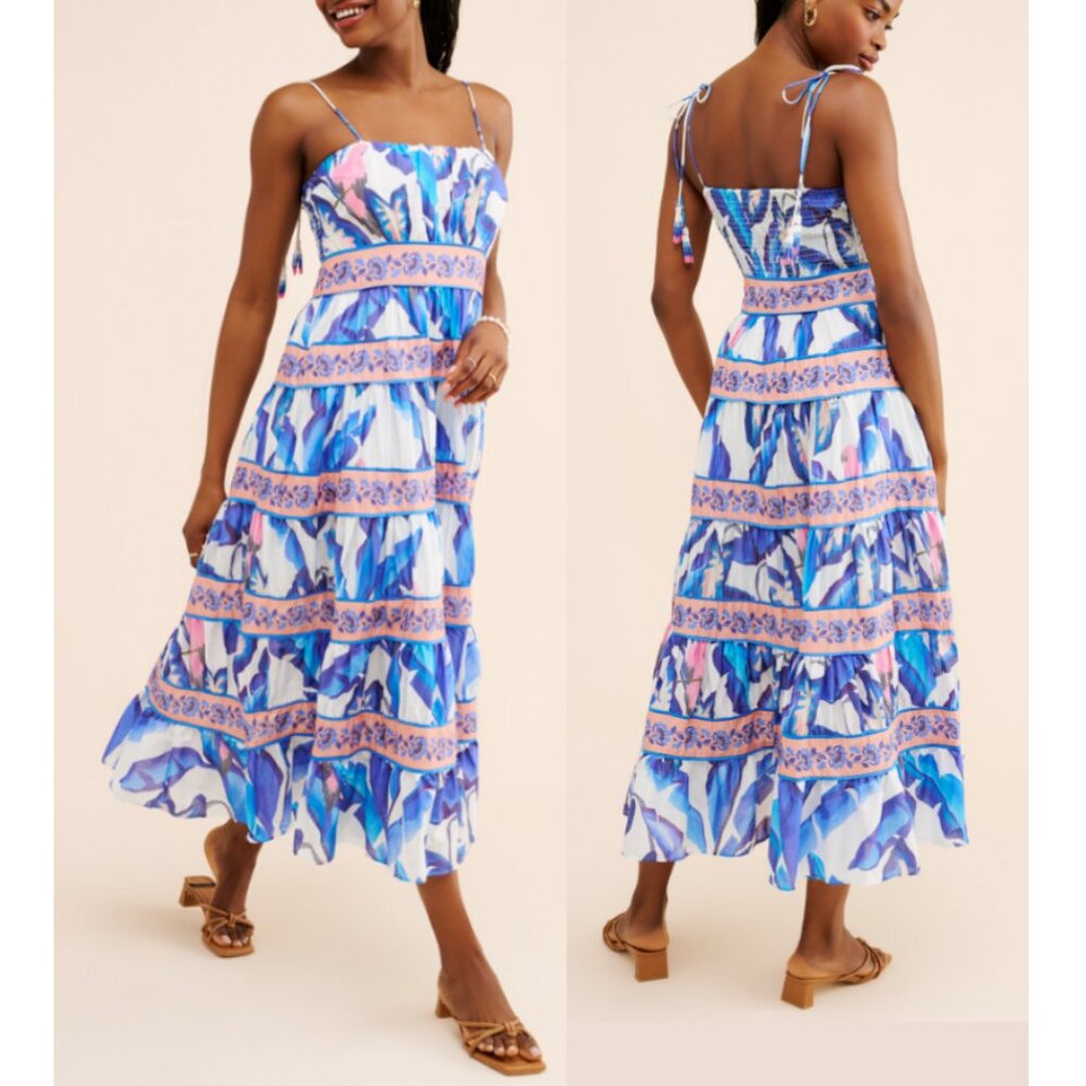 Farm Rio Off-White Blue Foliage Cotton Straps-Beaded-Tassels Midi Dress XL $248